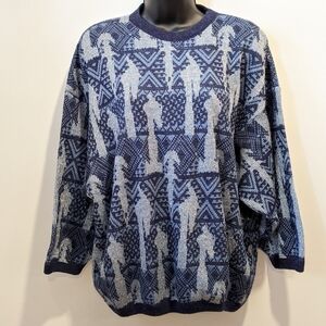 2/$20 𝅺Vintage Oversized Blue Knit  Geometric Pattern Sweater Small